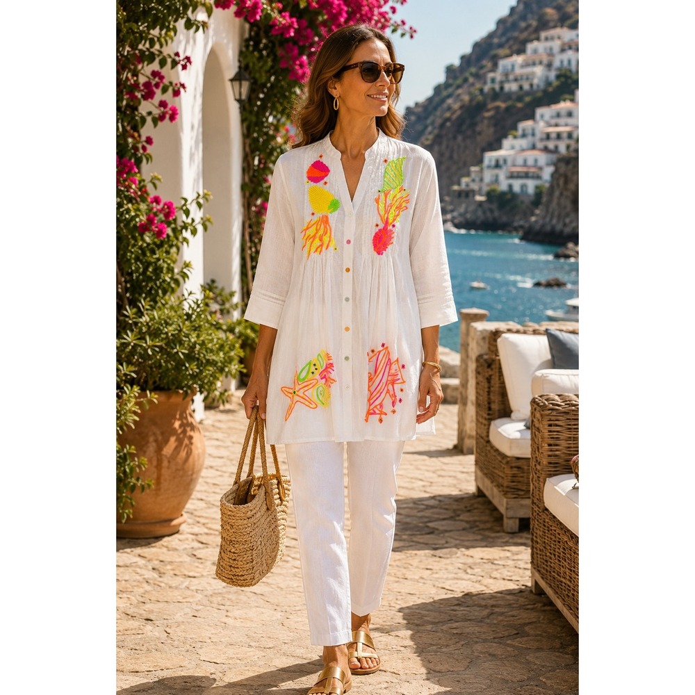 Antica Sartoria Giacomo Cinque Tunic Top Womens S/M White Neon Embroidered